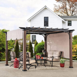 Sunjoy 11 x 11 ft Metal Pergola with Adjustable Tan Garden Shades