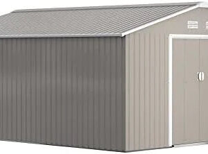 Outsunny 11′ x 13′ Outdoor Storage Shed, Garden Tool Metal Shed with Foundation Kit, Double Lockable Door, Air Vents and Slopings Roofs, for Backyard, Patio, Lawn, Light Grays